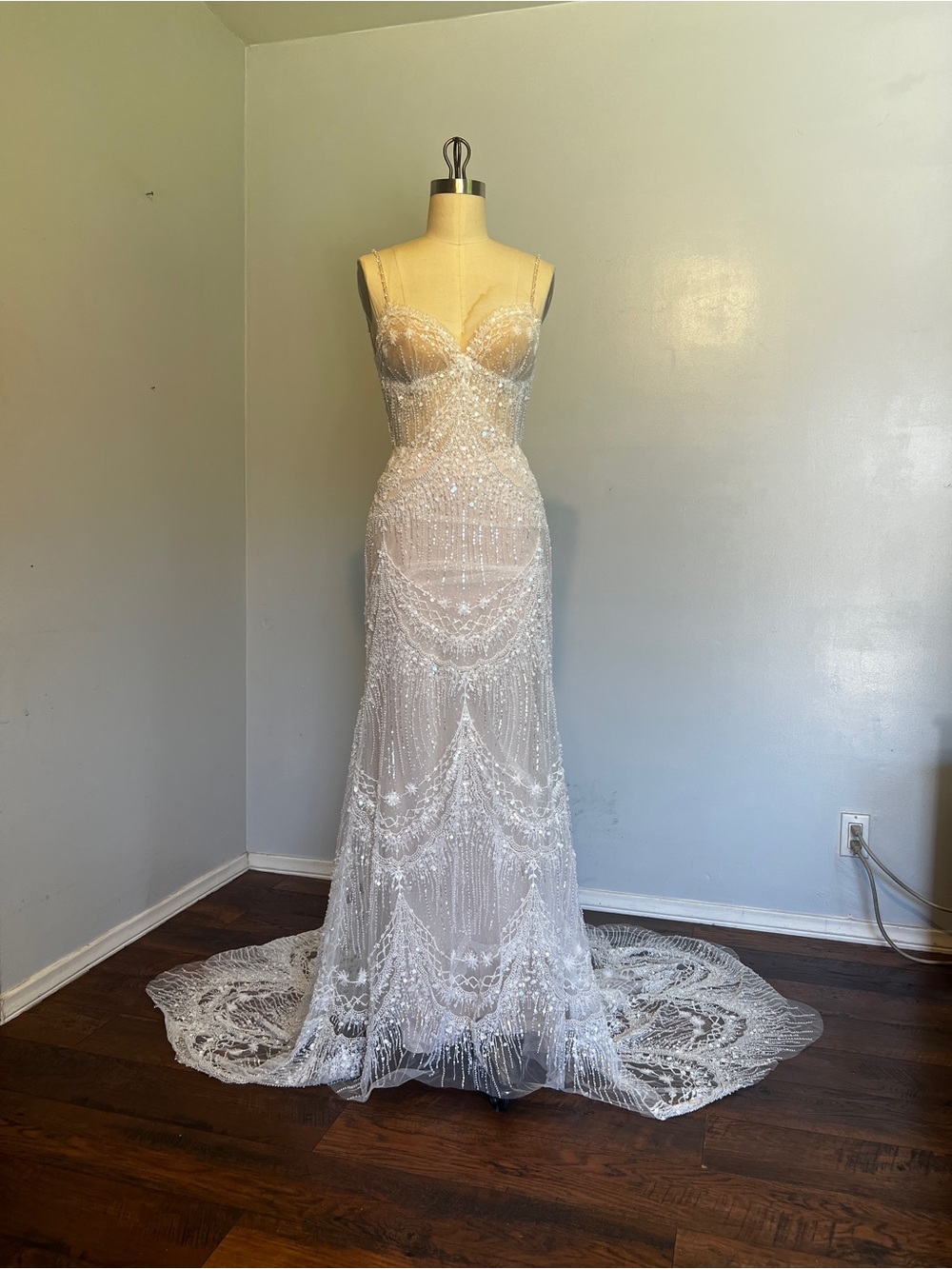 Elegant Beaded Lace Wedding Dress with Train - Picture 5 of 12